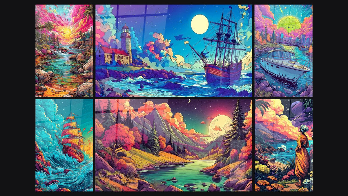 Mozaïek van zes schilderijen, waaronder Paradijselijk tropisch landschap, Vuurtoren en Schip en Piratenschip storm