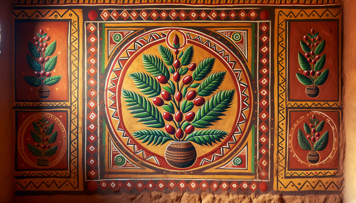 Art mural traditionnel Sidama d'Éthiopie représentant des plants de café avec pigments naturels sur mur en terre