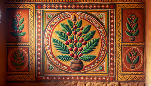 Art mural traditionnel Sidama d'Éthiopie représentant des plants de café avec pigments naturels sur mur en terre