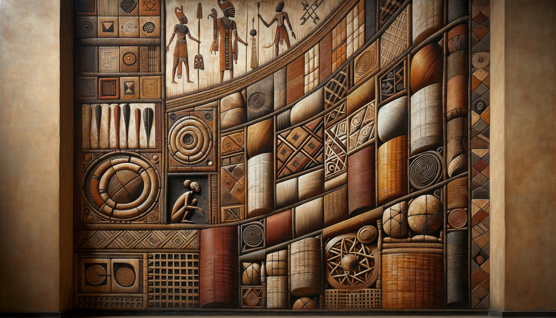 Composition murale du royaume du Kongo intégrant textiles raffia et peintures géométriques, techniques ancestrales 15ème-17ème siècles