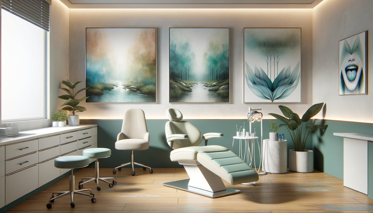 Salle d'attente dentaire moderne avec art mural thérapeutique : abstraction douce, paysage naturel apaisant et macrophotographie