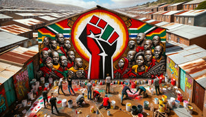 Fresque murale politique monumentale sur mur de township sud-africain, symboles de résistance et couleurs panafricaines