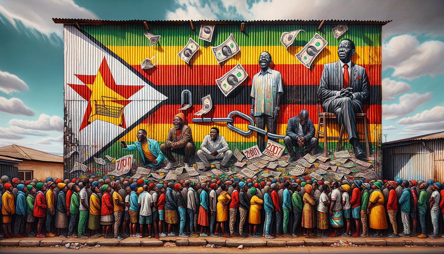 Fresque murale vibrante sur tôle dans un township zimbabwéen documentant la crise économique post-indépendance avec billets hyperinflation et portraits