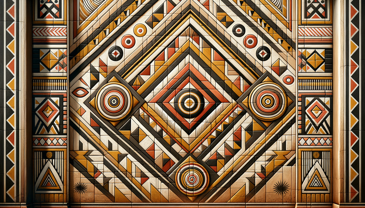Art mural traditionnel Ndebele d'Afrique australe avec motifs triangulaires géométriques sacrés peints à la main