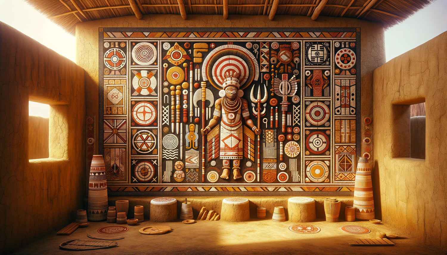 Peinture murale yoruba traditionnelle représentant plusieurs orishas avec codes chromatiques et symboliques sacrés authentiques
