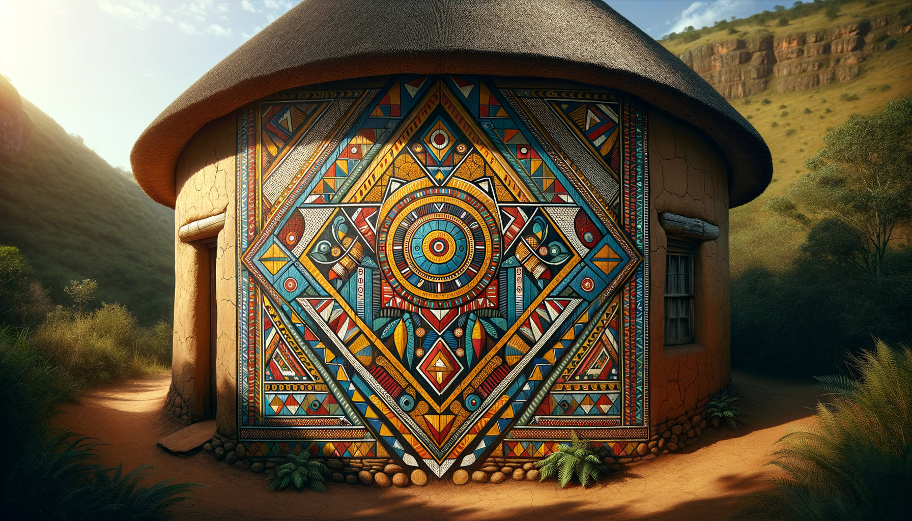 Peinture murale zouloue hybride post-coloniale avec motifs géométriques traditionnels et pigments industriels européens sur mur de rondavel