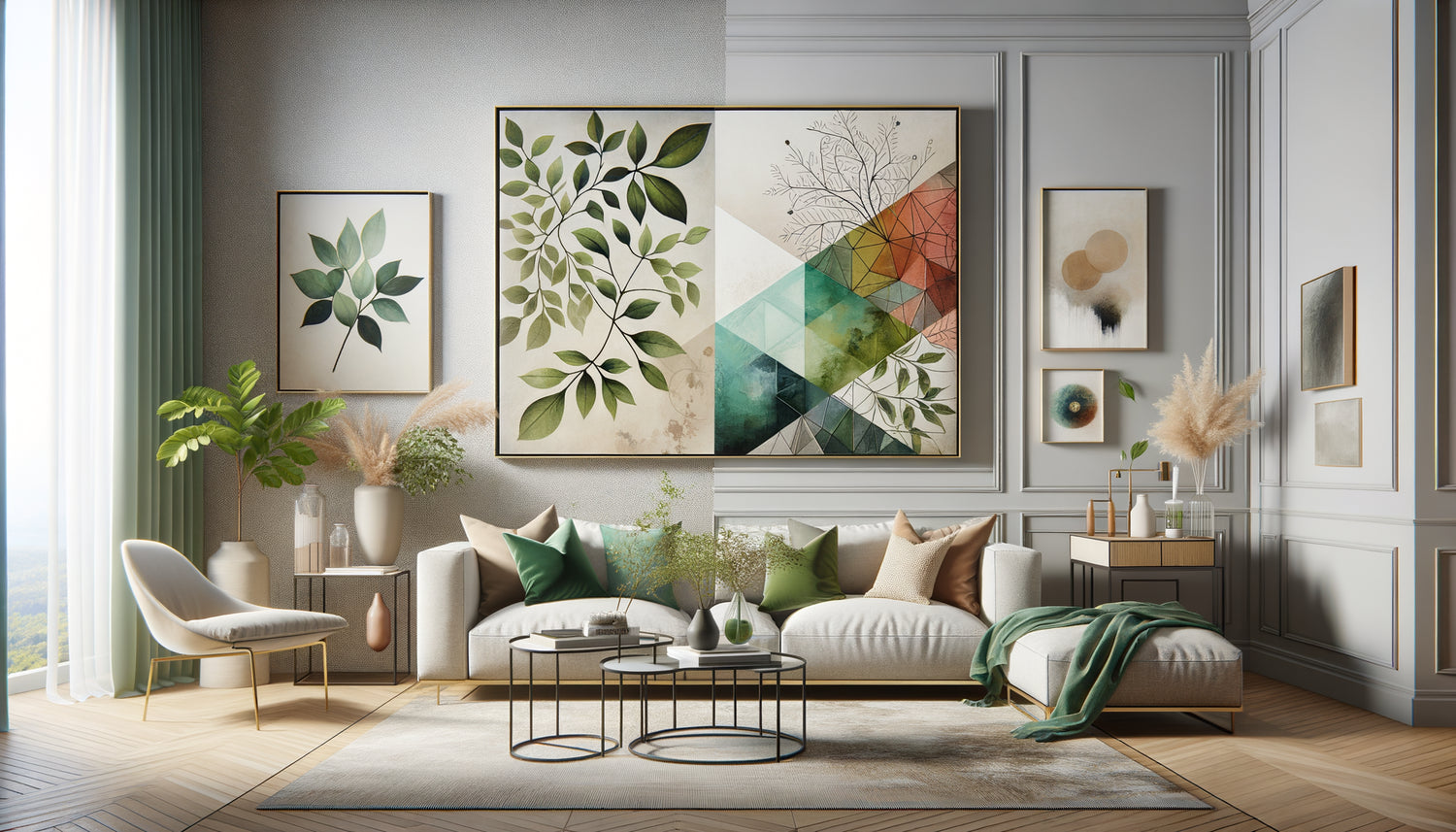 Comparaison visuelle entre œuvre d'art naturelle apaisante et composition abstraite stimulante dans intérieur contemporain sophistiqué