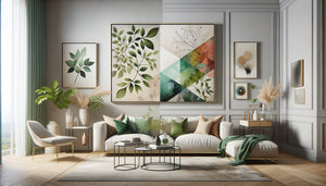 Comparaison visuelle entre œuvre d'art naturelle apaisante et composition abstraite stimulante dans intérieur contemporain sophistiqué