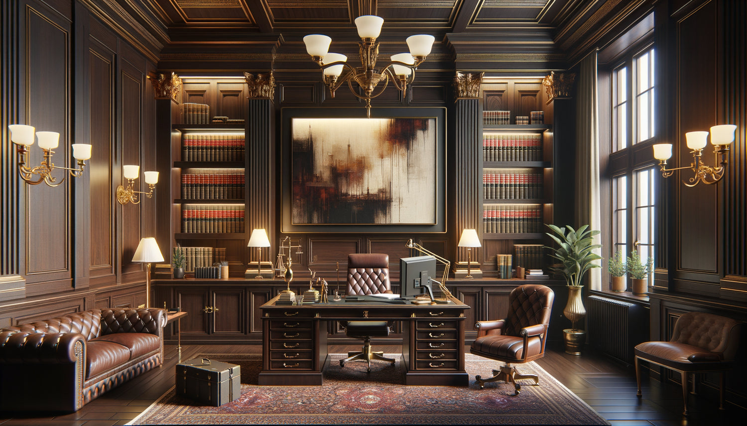 Cabinet d'avocat classique avec écran d'art numérique intégré discrètement entre bibliothèque traditionnelle et mobilier prestigieux