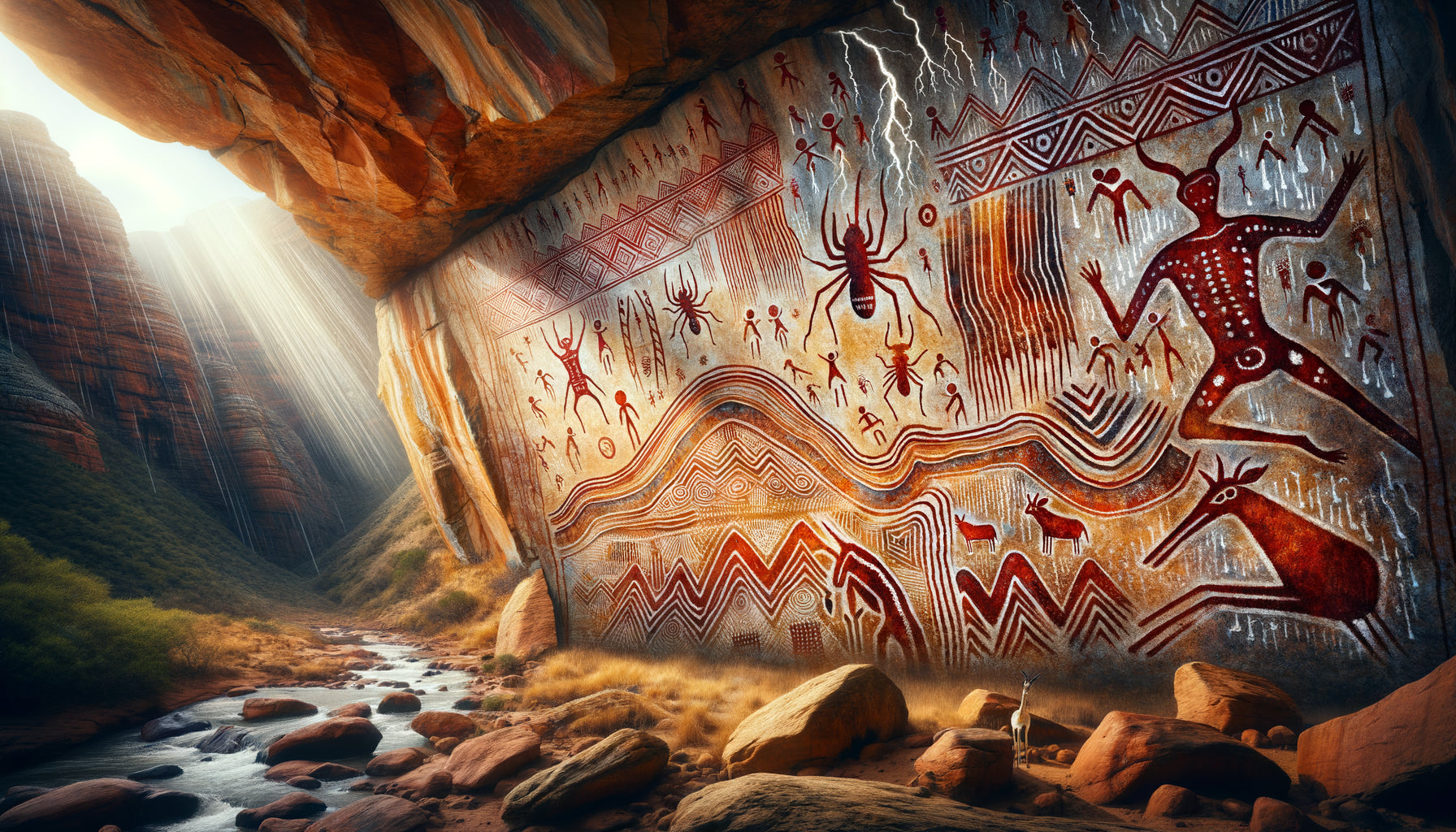 Art rupestre khoisan authentique avec motifs zigzag chamaniques en ocre rouge sur paroi rocheuse d'Afrique australe