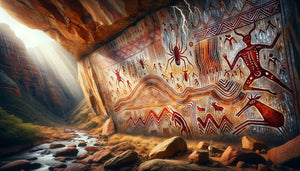 Art rupestre khoisan authentique avec motifs zigzag chamaniques en ocre rouge sur paroi rocheuse d'Afrique australe