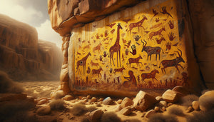 Art rupestre saharien néolithique aux pigments jaunes ocre à base de fer hydroxyde sur paroi rocheuse, 8000 ans
