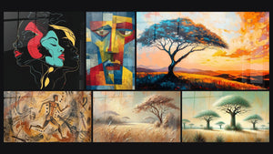 Mozaïek van zes schilderijen, waaronder Afrikaanse vrouwen Kleurgeesten, Loper Primitief en Afrikaans Landschap