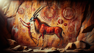 Peinture rupestre San authentique montrant éland sacré et figure chamanique hybride sur paroi de grotte ocre