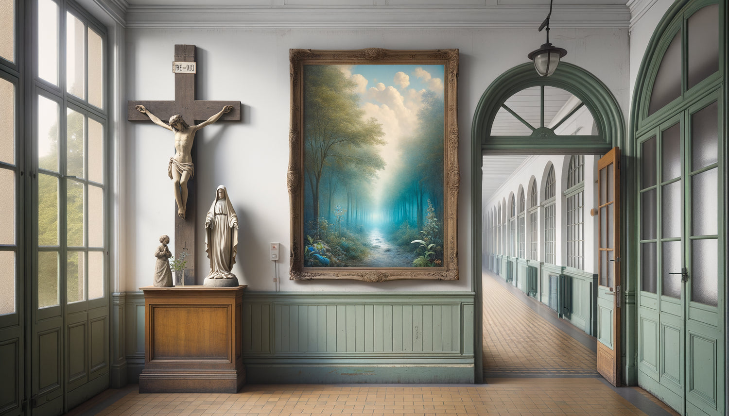 Couloir d'hôpital français montrant la coexistence d'art sacré ancien et d'œuvres laïques contemporaines post-1905