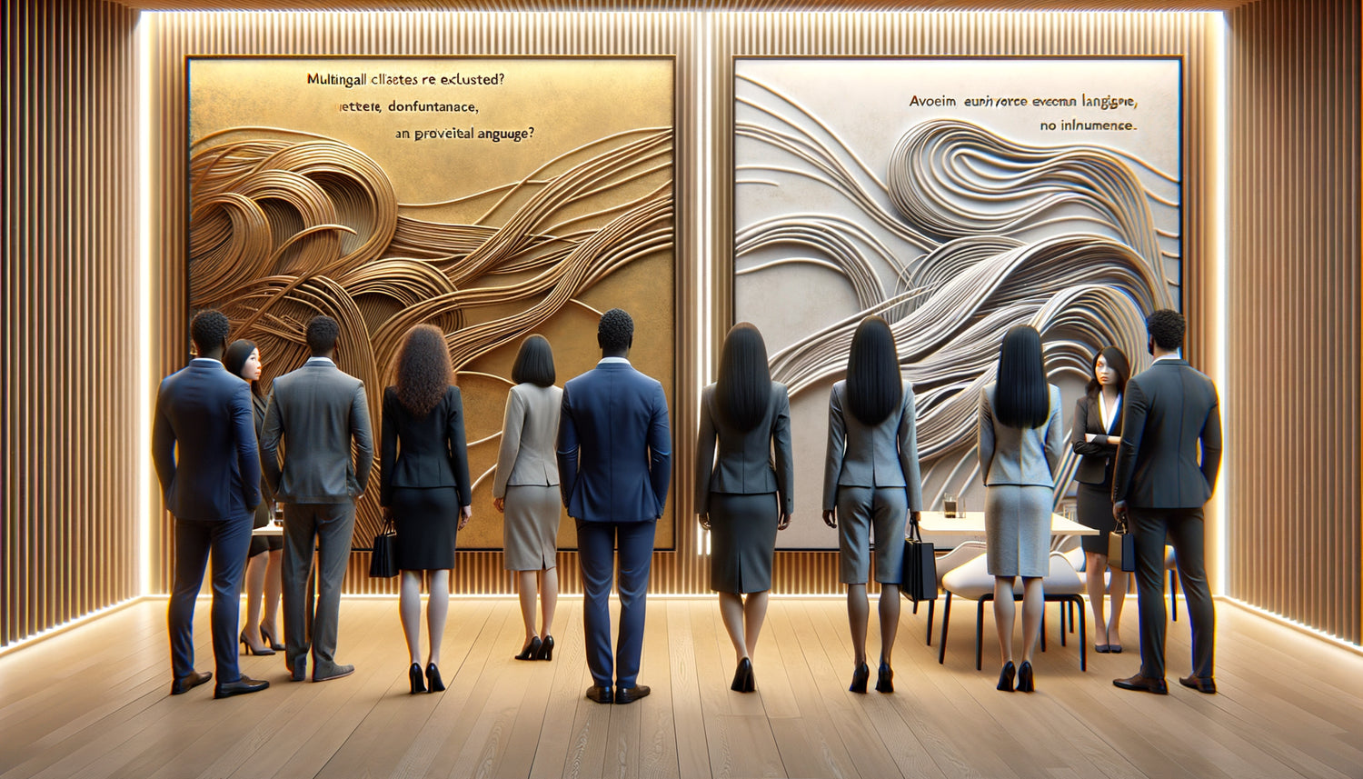 Comparaison cabinet professionnel: clients multilingues face à art textuel versus art visuel universel inclusif