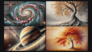 Mosaïque de quatre tableaux, dont Échos des Étoiles, Anneaux Éternels et Souffle de la Terre