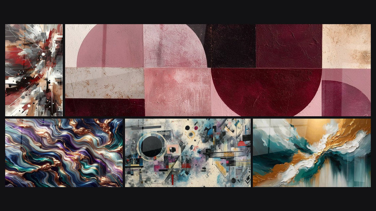 Mosaico de cinco cuadros, entre ellos Ruido Dinámico Explosivo, Serenata Mineral y Composición abstracta geométrica