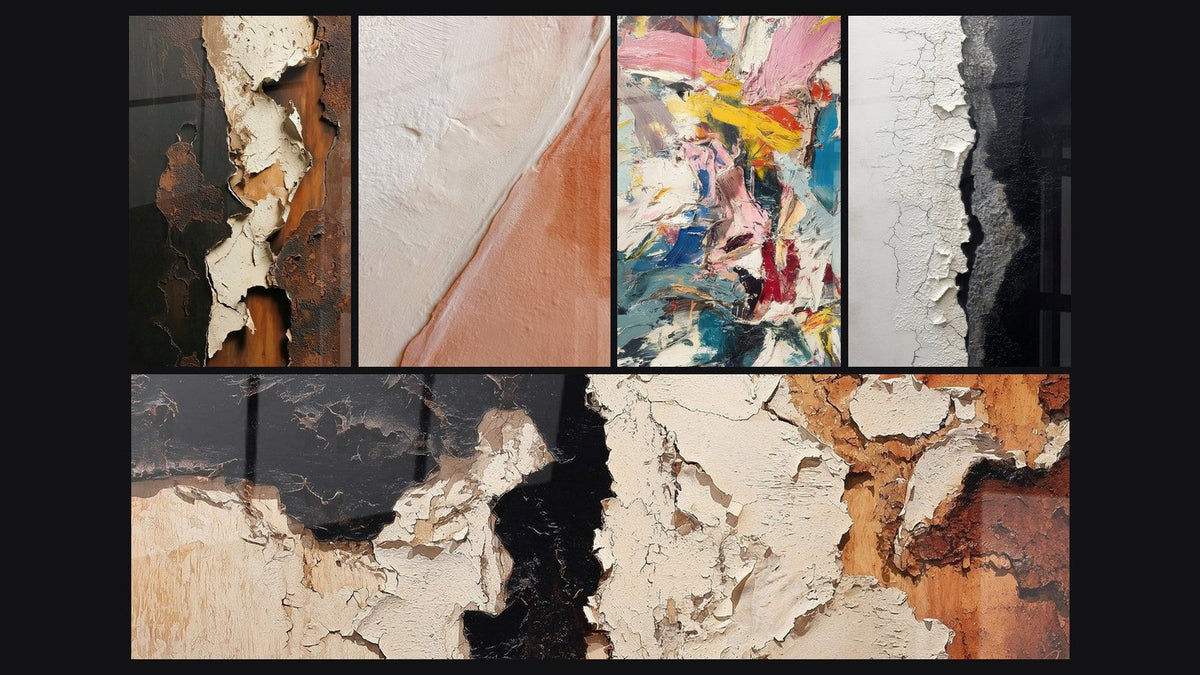 Mosaic of five paintings, including Textured Diagonal White and Brick and Color Explosion