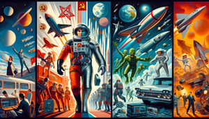 Comparaison visuelle entre affiche spatiale soviétique réaliste années 1960 et couverture science-fiction américaine pulp de la même époque