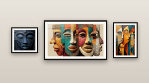 Galerijwand met drie ingelijste schilderijen: Tabelau Maskers Cubistisch, Afrikaanse Maskers en Masker Afrikaans Blauw