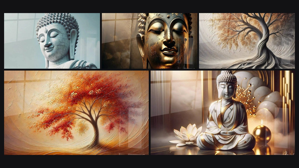 Mosaic of five paintings, including Divine Tranquility, Golden Silence and Breath of Earth