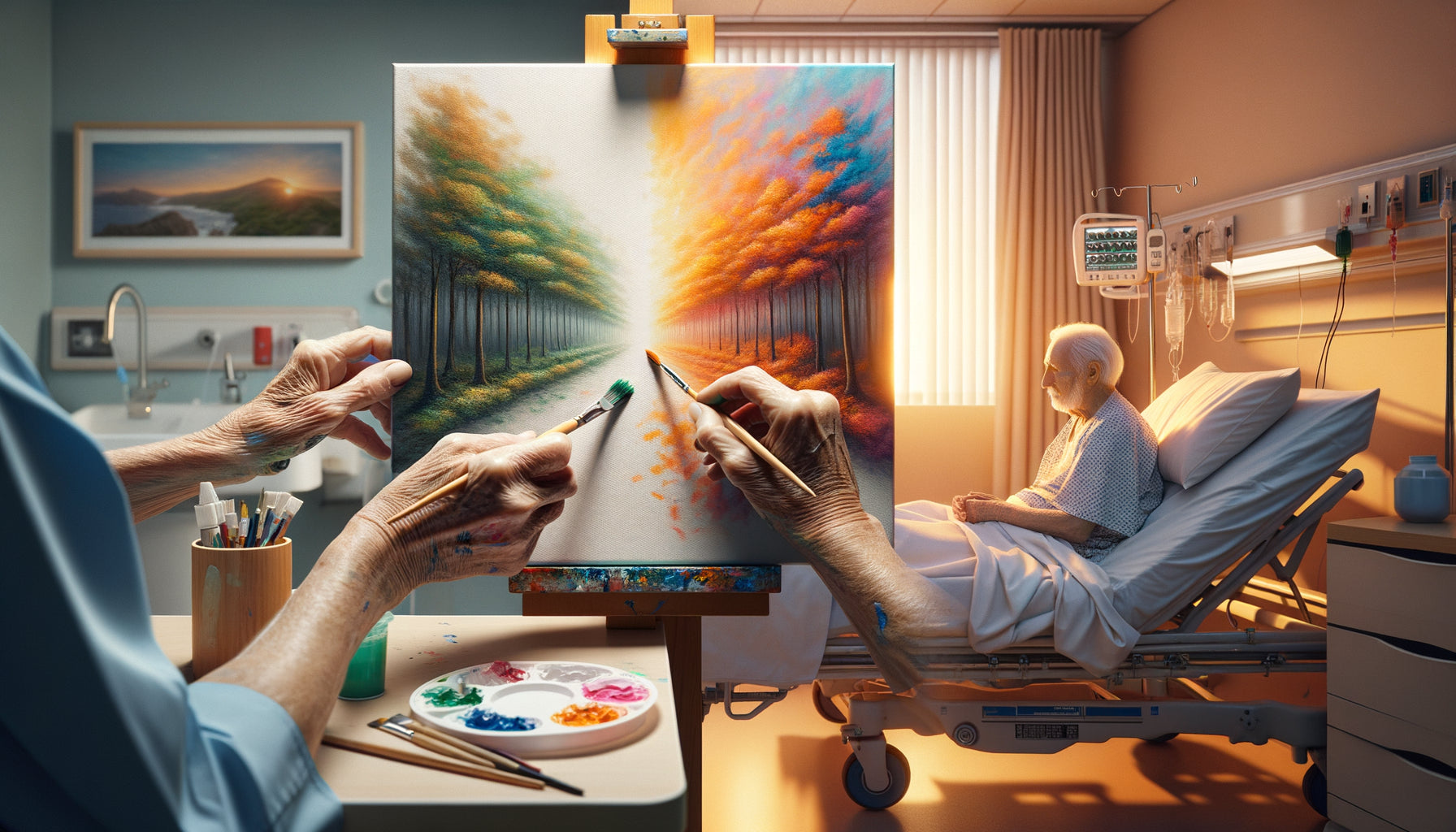 Composition montrant art-thérapie active et contemplation passive en milieu hospitalier contemporain