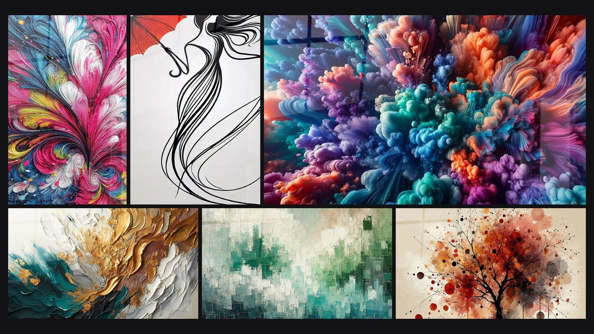 Mosaïque de six tableaux, dont Fleur abstraite multicolore, Trace en Or et Jade et La dame au vent