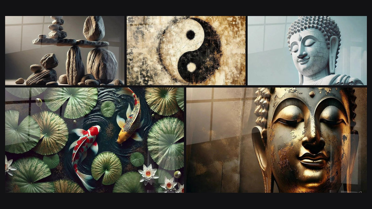 Mosaic of five paintings, including Ephemeral Stability, Fusion Energy and Divine Tranquility