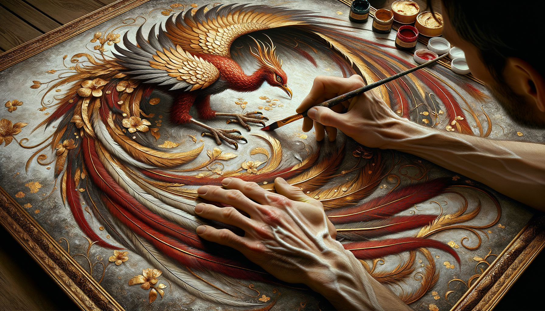 Gros plan sur mains d'artisan peignant détails de Phoenix sur toile texturée avec feuilles d'or et peinture artisanale