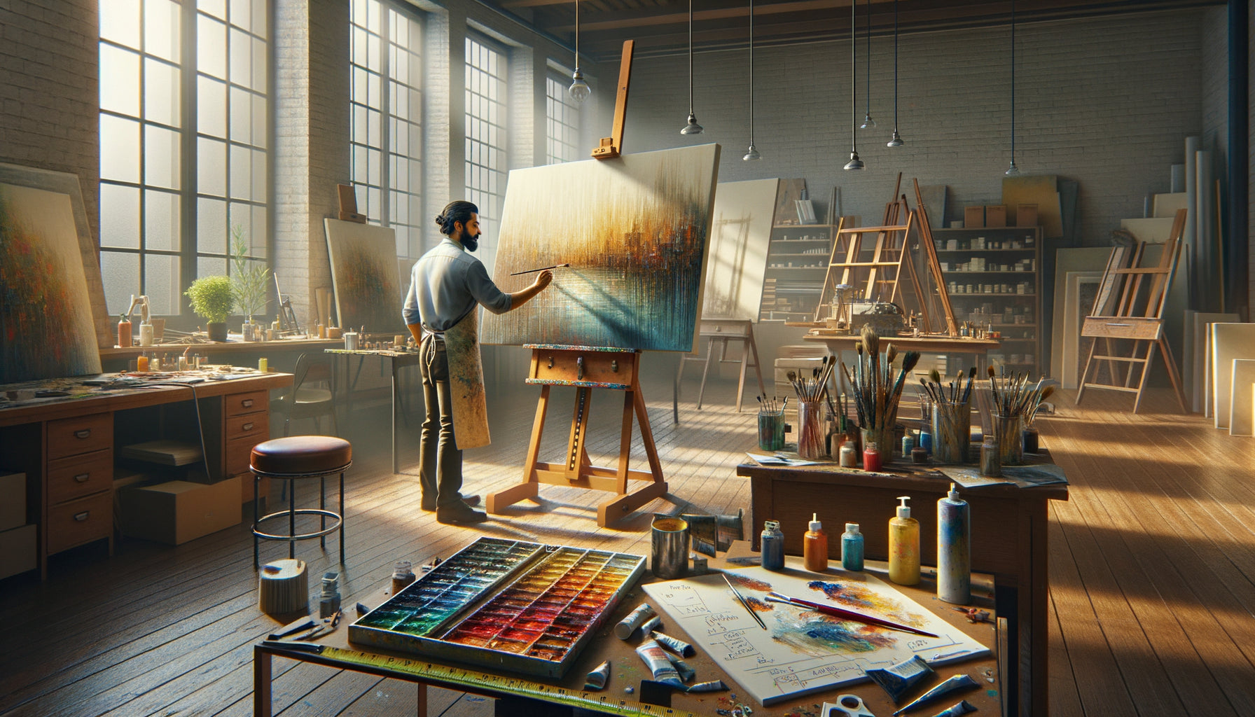 Artiste peignant une toile sur-mesure dans son atelier professionnel avec outils de mesure et travail en cours