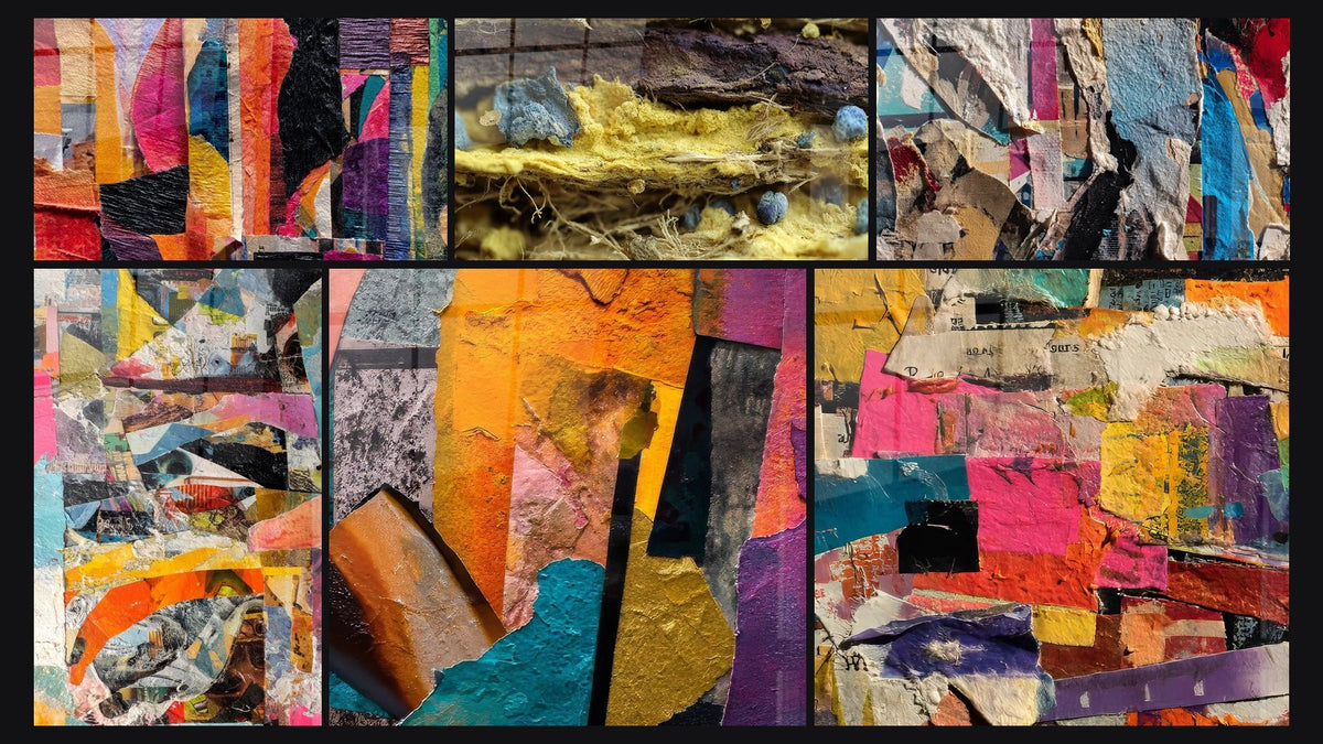 Mosaico de seis cuadros, entre ellos Abstracto multicolor, Abstracto geométrico y Estructuras orgánicas microscópicas