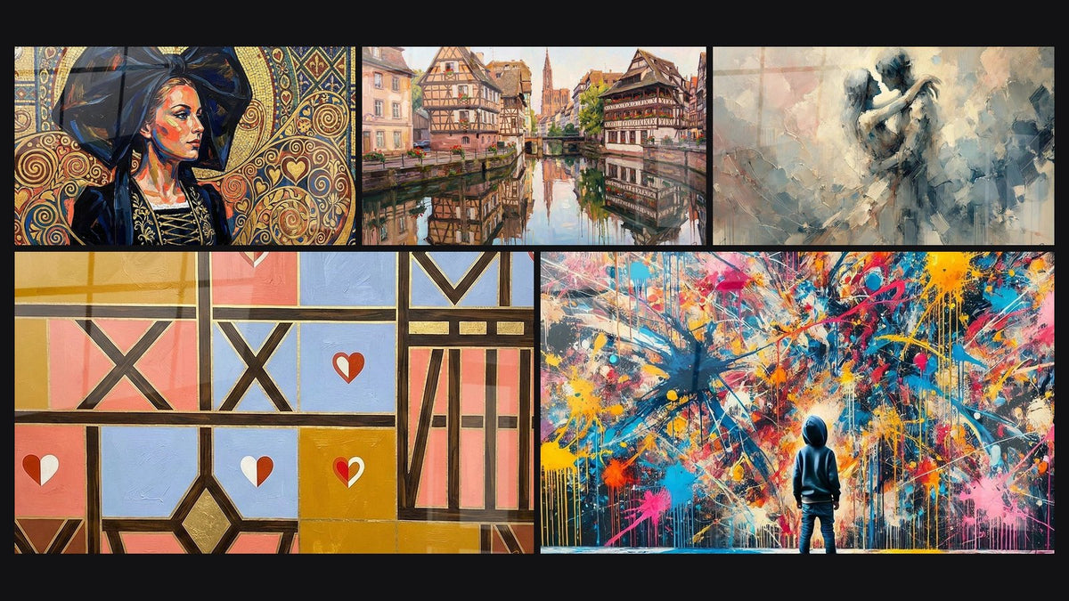 Mosaik aus fünf Gemälden, darunter Moderne Elsässische Frau, Geometrische Kunst und Straßburg Kleine Frankreich