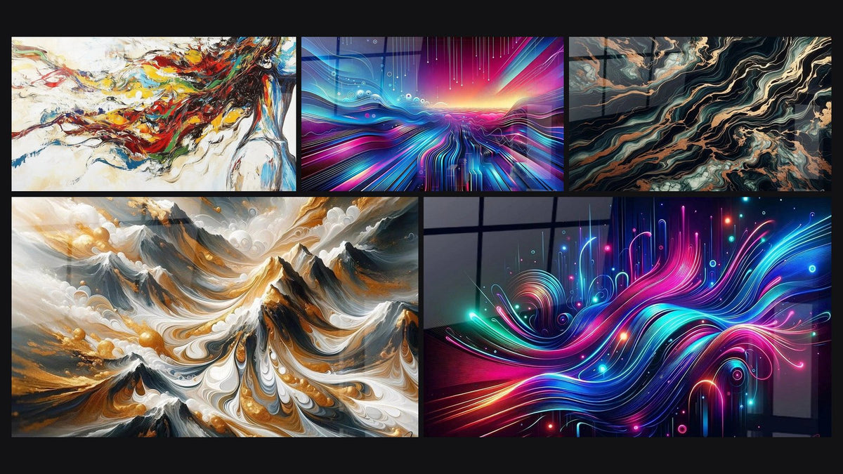 Mosaïque de cinq tableaux, dont Muse Moderne, Aurore Cybernétique et Crêtes Dorées