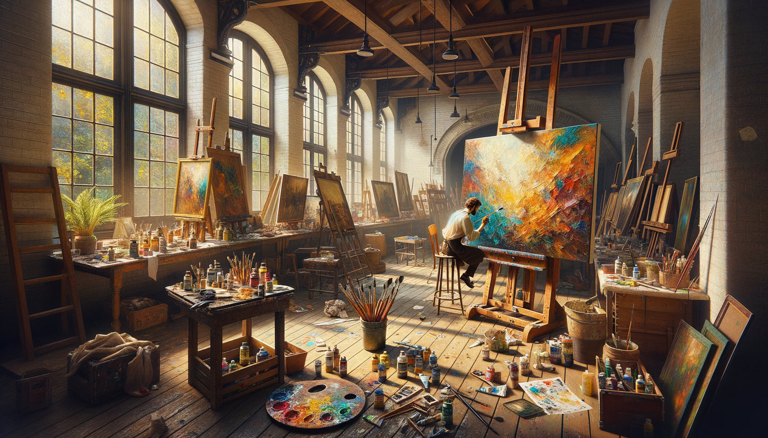 Atelier d'artiste contemporain émergent avec toile en cours de création, peinture abstraite colorée accessible