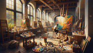 Atelier d'artiste contemporain émergent avec toile en cours de création, peinture abstraite colorée accessible