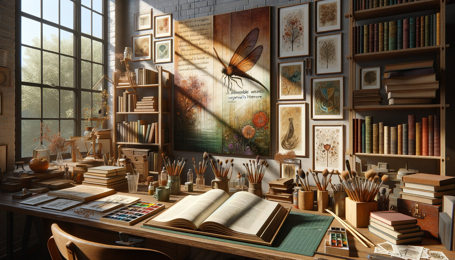 Atelier d'artiste contemporain créant des œuvres abordables inspirées par la littérature avec livres et peintures en cours