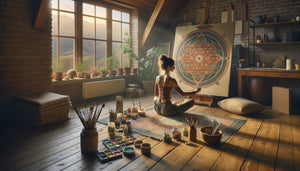 Artiste local pratiquant le yoga créant une œuvre sacrée dans son atelier authentique et lumineux