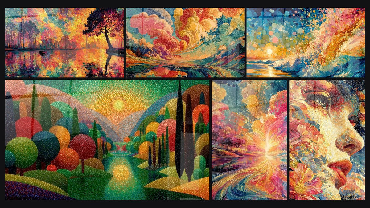 Mosaik aus sechs Gemälden, darunter Meer Farbentanz, Wellenwelle Meeresenergie und Landschaftsbild Farbige Vibrationen