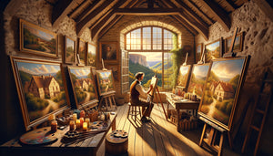 Atelier d'artiste contemporain régional avec œuvres inspirées du territoire local et paysage visible par la fenêtre