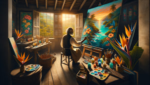 Atelier d'artiste ultramarin contemporain, création authentique aux motifs créoles et couleurs tropicales vibrantes