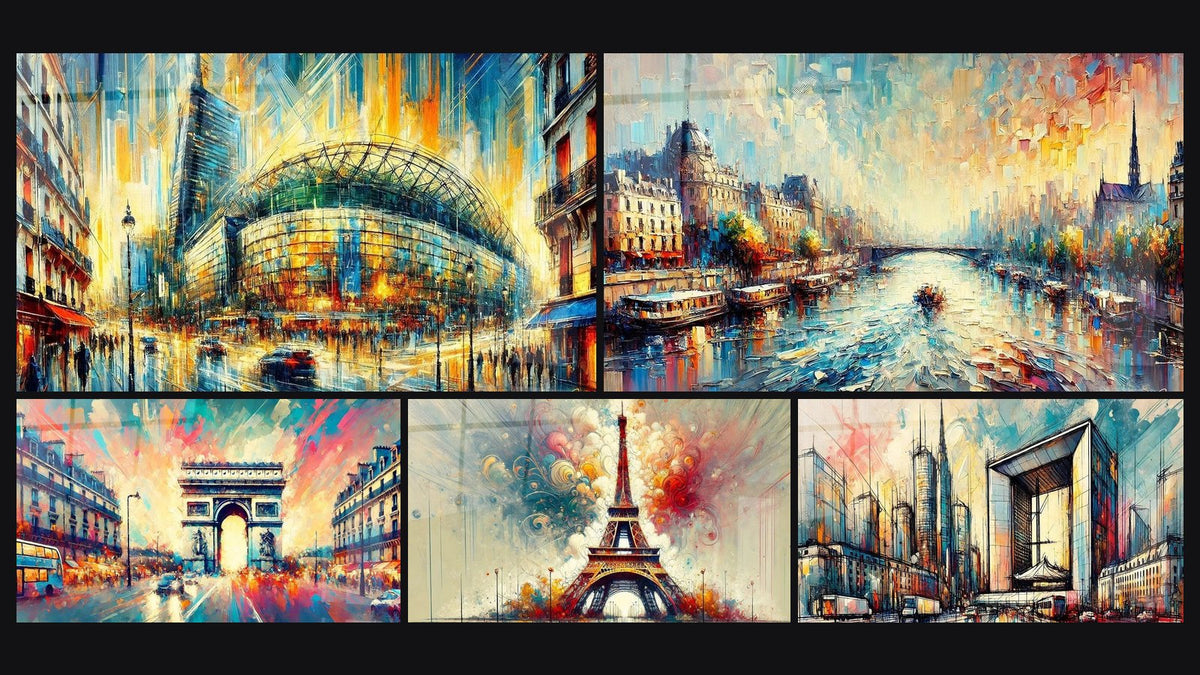 Mosaico di cinque quadri, tra cui Arco di Trionfo N°1, Torre Eiffel N°1 e La Senna N°1