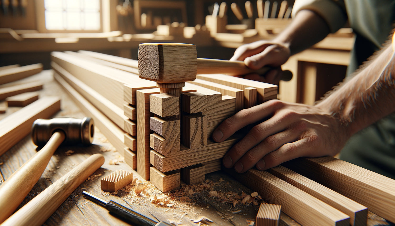 Détail d'assemblage tenon-mortaise en chêne massif pour bibliothèque, menuiserie traditionnelle professionnelle