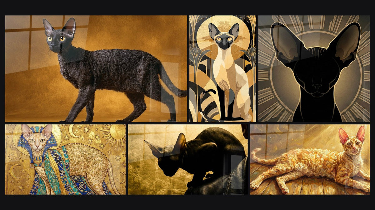 Mosaico di sei quadri, tra cui Chat Cornish Rex Nero, Chat Siamese Art Déco e Chat Cornish Rex Pharaon Egiziano