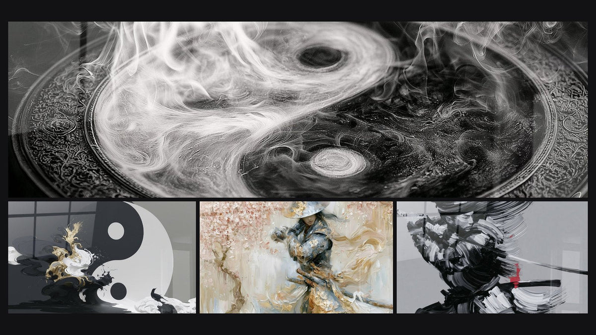 Mosaïque de quatre tableaux, dont Symbole noir et blanc aux volutes dorées et Guerrier noir et blanc à la lance tendue