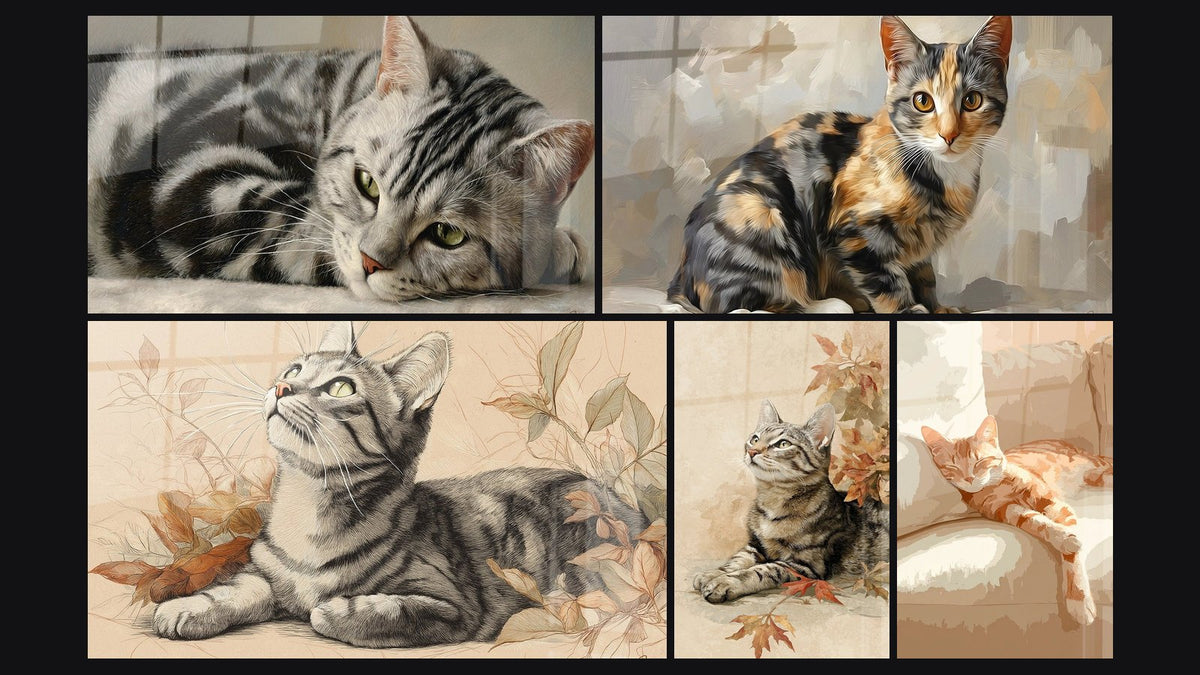 Mosaïque de cinq tableaux, dont Chat American Shorthair allongé et Chat American Shorthair Ecaille de Tortue