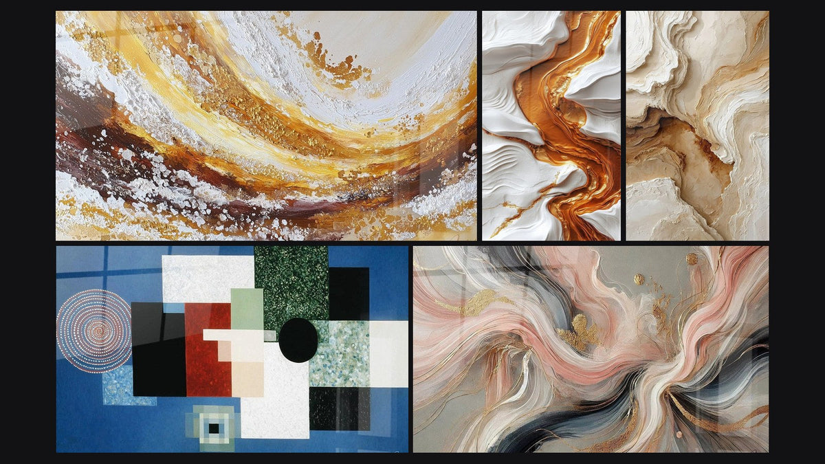 Mosaïque de cinq tableaux, dont Composition Géométrique Ordre Rationnel, Abstrait Texturé Beige et Ocre et Flots de Soie