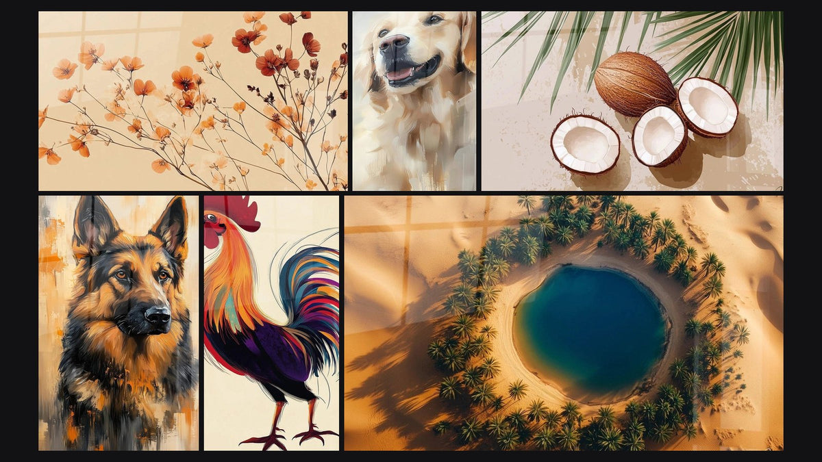 Mosaic of six paintings, including German Shepherd Wall Art No. 1, Rooster Wall Art N°6 and Oasis Wall Art No. 1