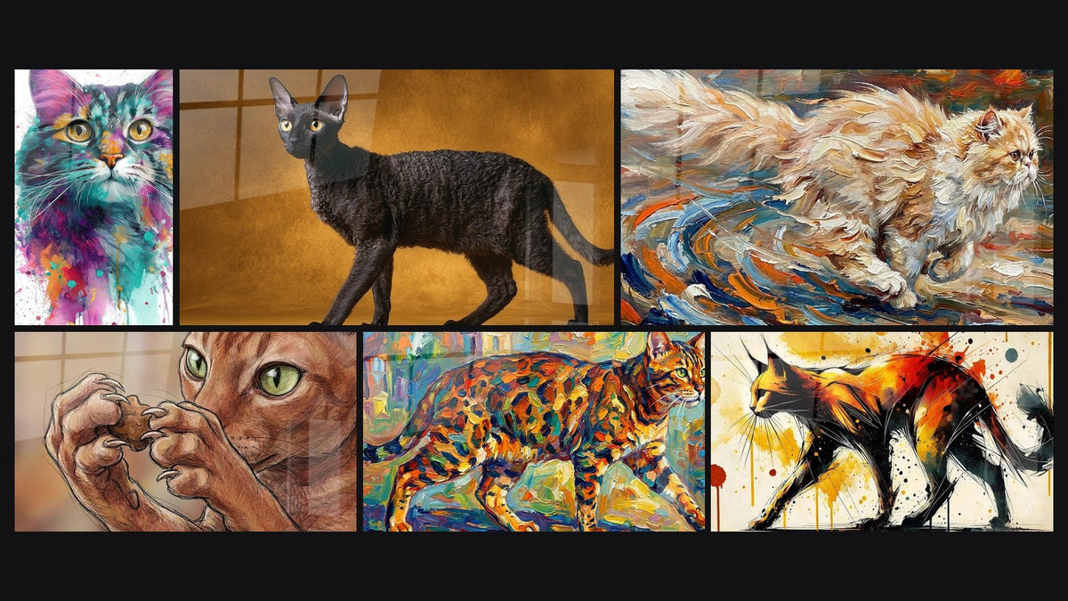 Mosaïque de six tableaux, dont Chat Aquarelle Multicolore, Chat Cornish Rex Noir et Chat Cornish Rex aux Yeux Verts