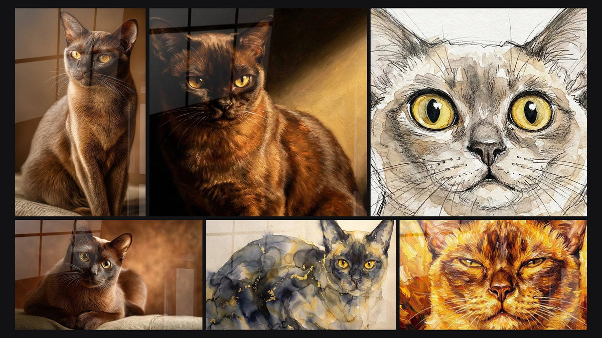 Mosaico di sei quadri, tra cui Chat Birmano Elegante, Chat Birmano con Sguardo Dorato e Chat Burmese con occhi dorati